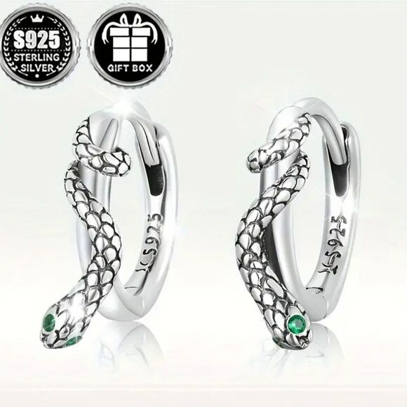 925 Silver Snake Hoop Earrings with Green Accents - Picture 3 of 5